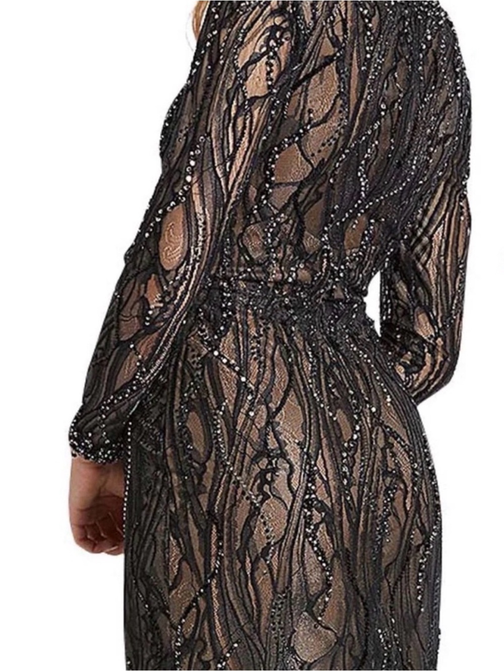 NWT Gorgeous Mac Duggal Beaded Illusion Long Sleeve Plunge Neck Gown - Picture 5 of 6